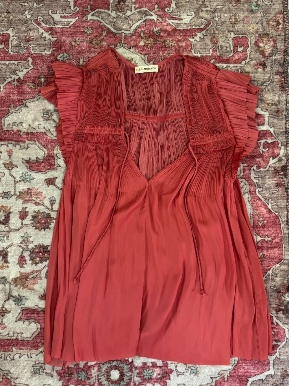 Ulla Johnson Pleated Ruffle Sleeve Blouse Size 4 Rose Terracotta V-Neck Top - Picture 1 of 8